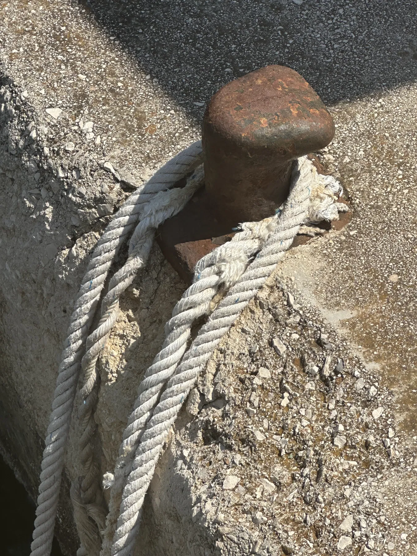 NAUSICAA, le bateau identifié dans le déroulé documenté comme ayant heurté SANKARA — forte aussière sur bollard ; surface et fibres sont visibles de près.