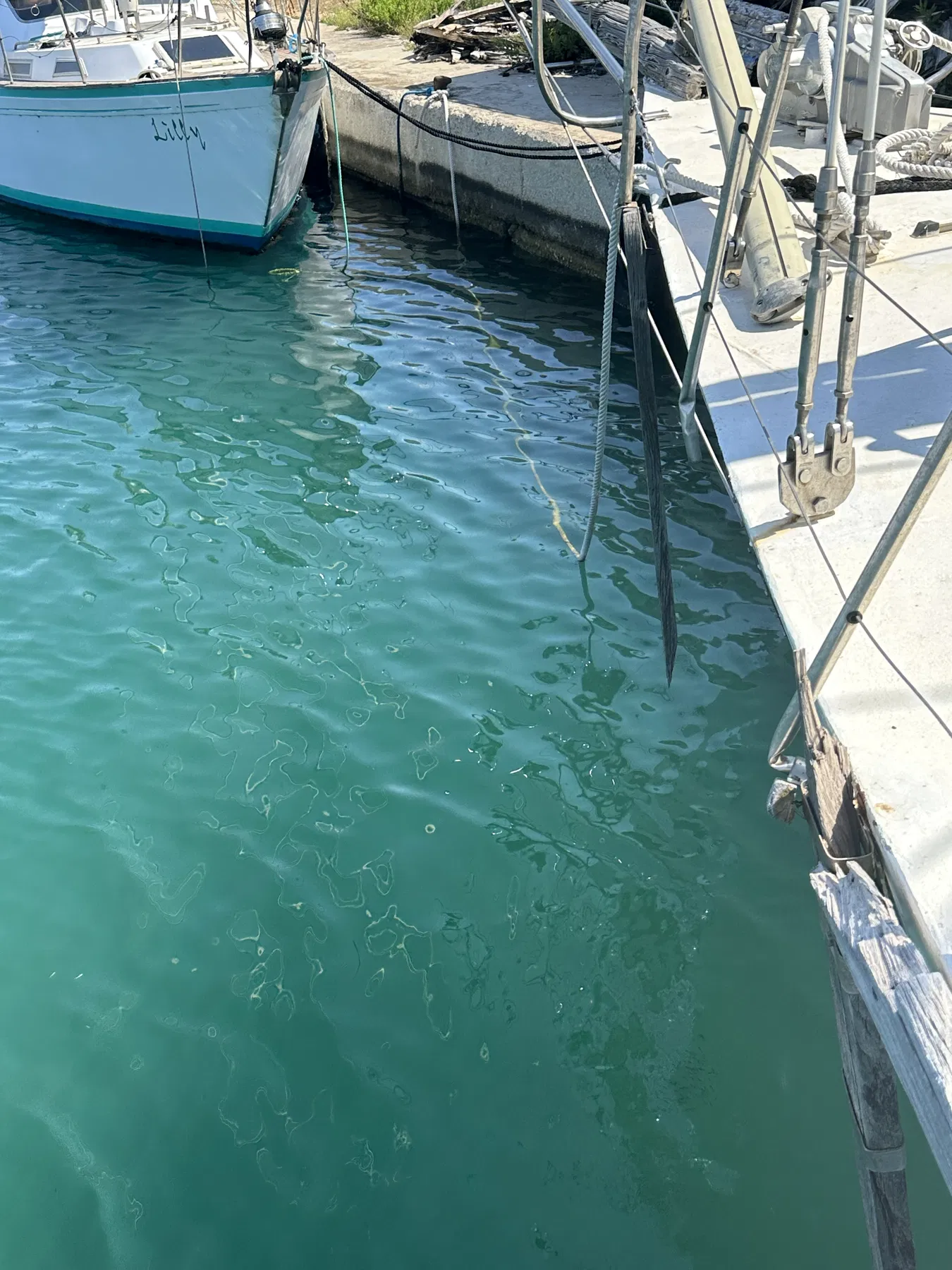NAUSICAA, le bateau identifié dans le déroulé documenté comme ayant heurté SANKARA — situation d’amarrage entre NAUSICAA, un bateau voisin et le quai ; plusieurs aussières sont visibles.